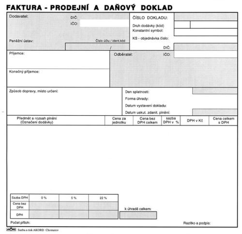 Tiskopis Faktura prodejní a daňový doklad s tabulkou DPH